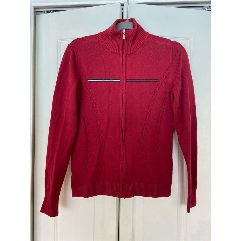 Tommy Hilfiger Women's Red Full-Zip Cable-Knit Sweater Size L